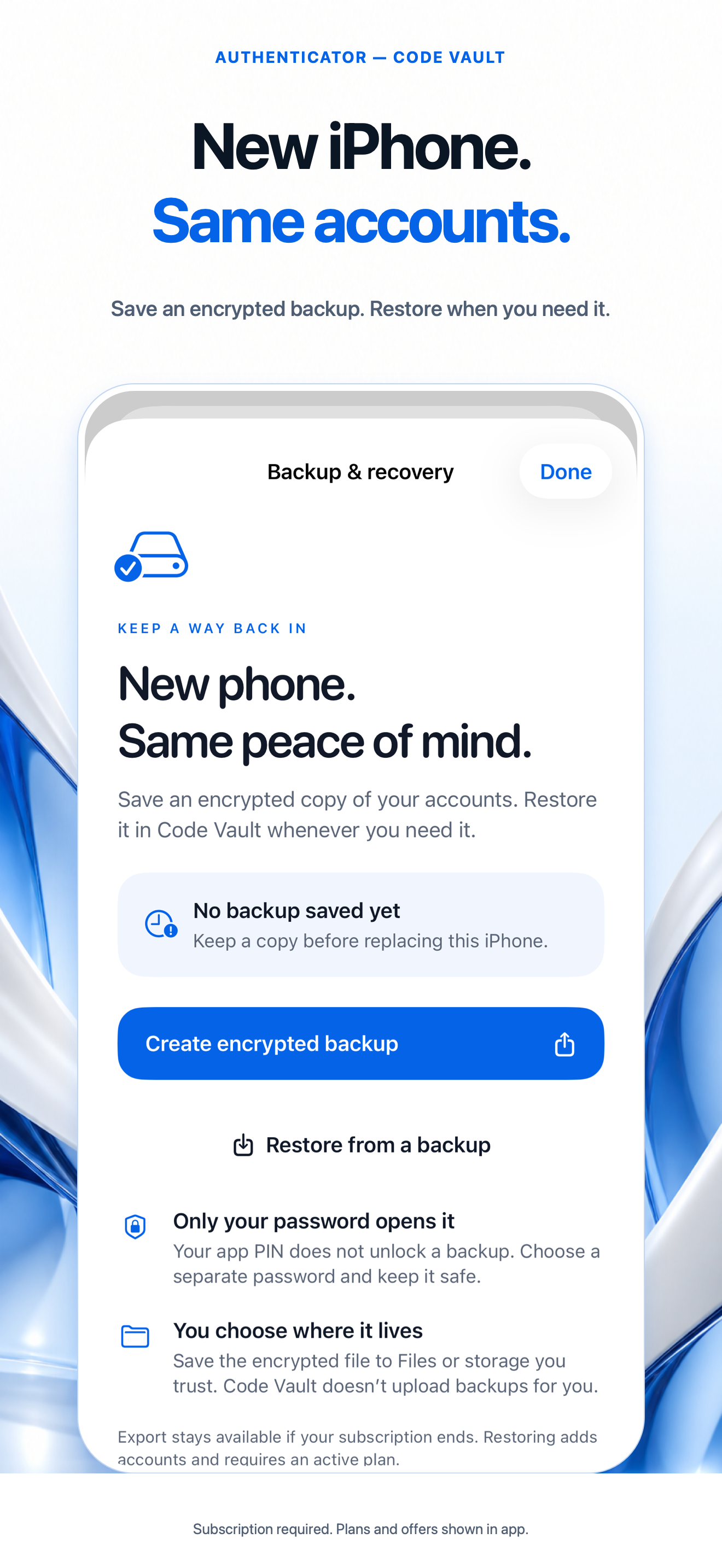 App screen showing encrypted backup and restore options