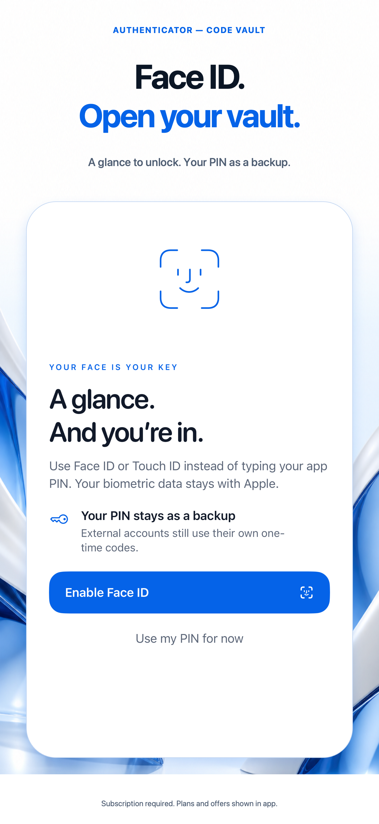 App screen showing Face ID setup with PIN fallback