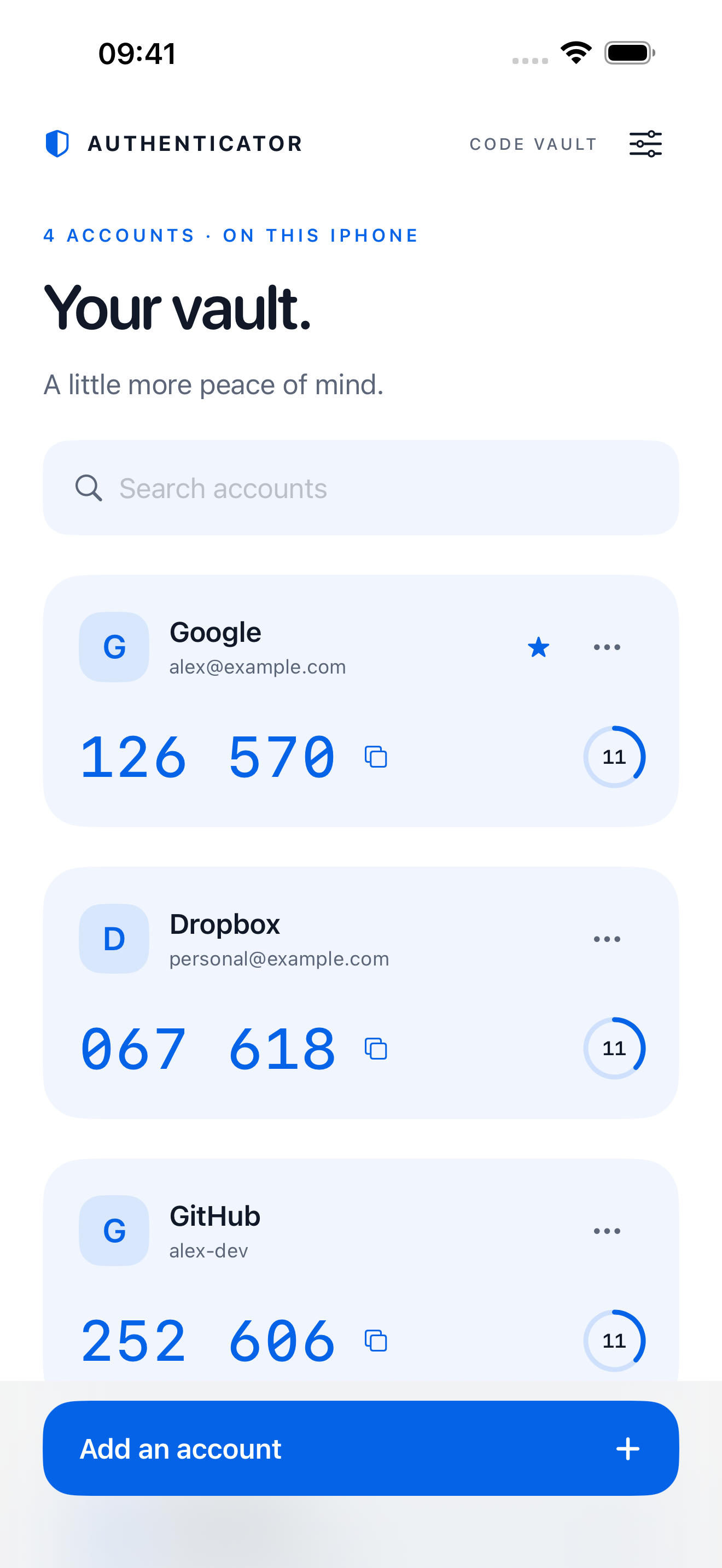Actual app preview: a vault with example Google, Dropbox, and GitHub verification codes